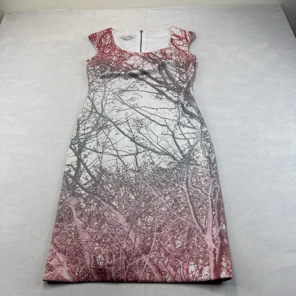 Kay Unger New York Size 6 Pink Gray Tree Print Sheath Dress Cap Sleeve